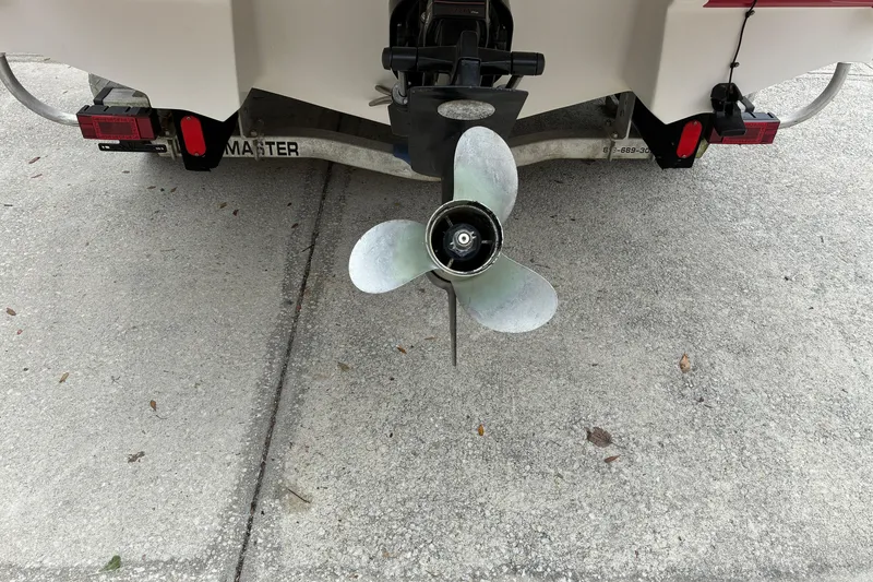 Slide: The Image of Rear view of 2013 Monterey 214SS Super Sport boat propeller on trailer. - 26