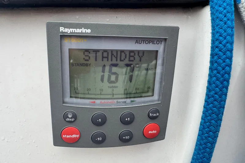Slide: The Image of Raymarine autopilot display on 2004 Dufour 40 Performance sailboat, showing standby mode. - 21