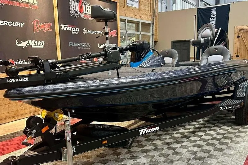 Slide: The Image of 2026 Triton 20XP Patriot boat displayed indoors with Lowrance equipment. - 6