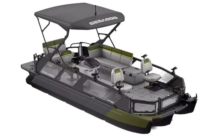 The Image of 2026 Sea-Doo Switch Fish 21 pontoon boat with canopy and seating, designed for fishing. - 1