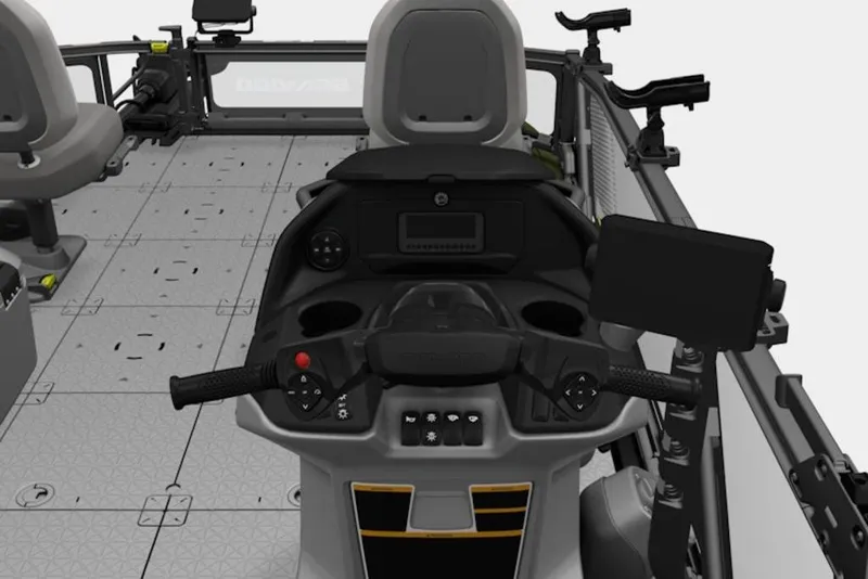 Slide: The Image of 2026 Sea-Doo Switch Fish 21 dashboard with steering controls and seating. - 3