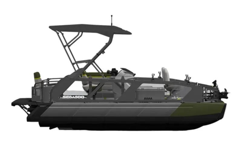 Slide: The Image of 2026 Sea-Doo Switch Fish 21 pontoon boat, side view, sleek design, modern features. - 4