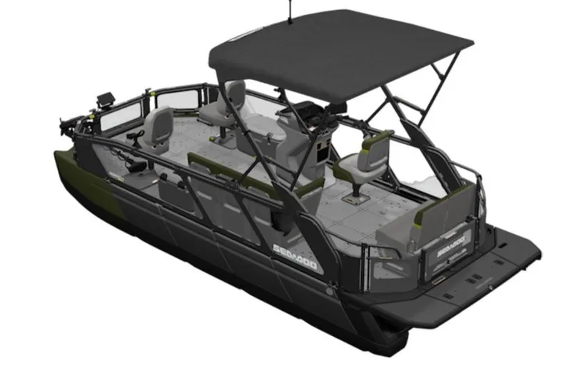 Slide: The Image of 2026 Sea-Doo Switch Fish 21 pontoon boat with canopy and seating arrangement. - 5