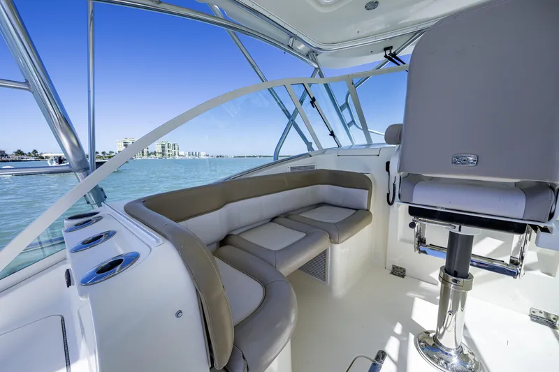 Slide: The Image of Interior of 2010 Scout 350 Abaco boat with seating and ocean view. - 27