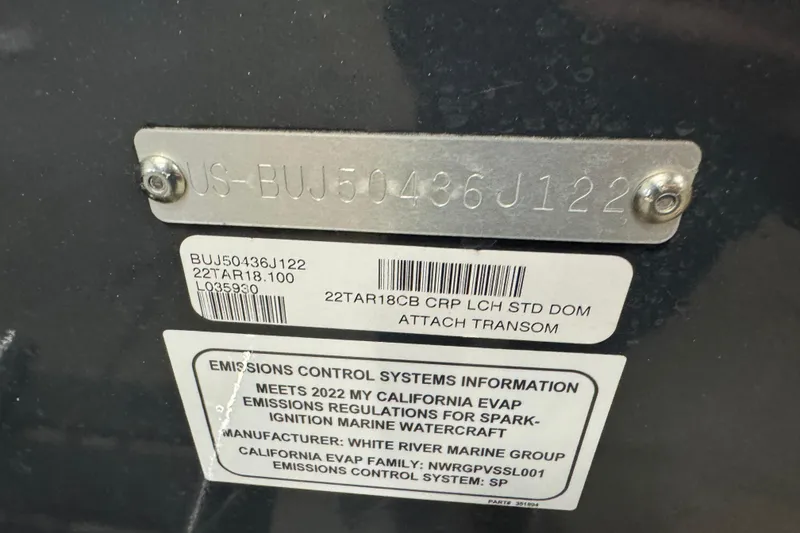 Slide: The Image of 2022 Tracker Targa V-18 WT hull identification and emissions control information plate. - 5