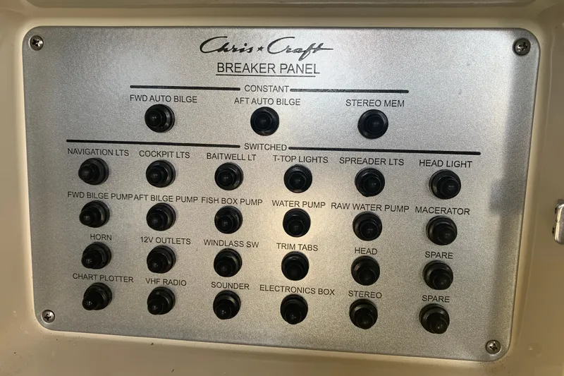 Slide: The Image of 2019 Chris-Craft Catalina 27 breaker panel with labeled switches and controls. - 48