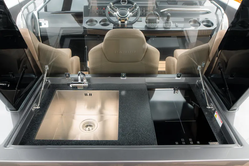 Slide: The Image of 2024 Pardo Yachts P43 interior with modern sink and control panel. - 16
