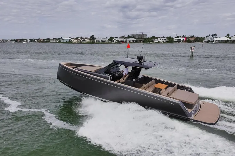 Slide: The Image of 2024 Pardo Yachts P43 cruising on water, showcasing sleek design and luxury features. - 2