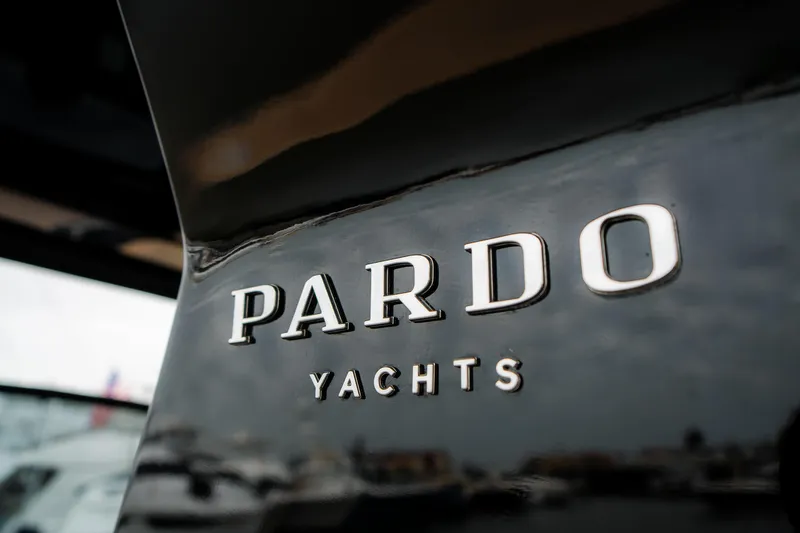 Slide: The Image of Close-up of 2024 Pardo Yachts P43 logo on sleek black surface. - 35