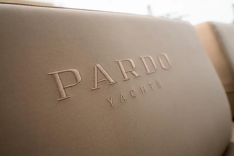 Slide: The Image of Embossed Pardo Yachts logo on 2024 P43 model seat upholstery. - 22