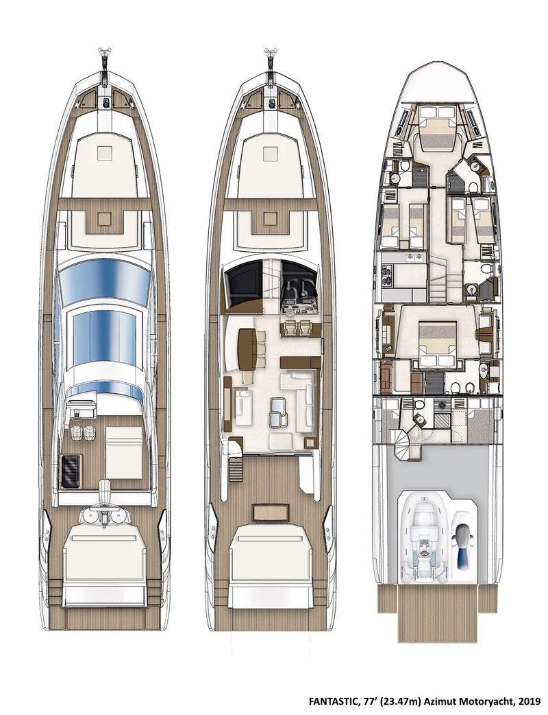 Slide: The Image of 2019 Azimut 77S yacht floor plan showcasing three levels of luxurious design. - 44