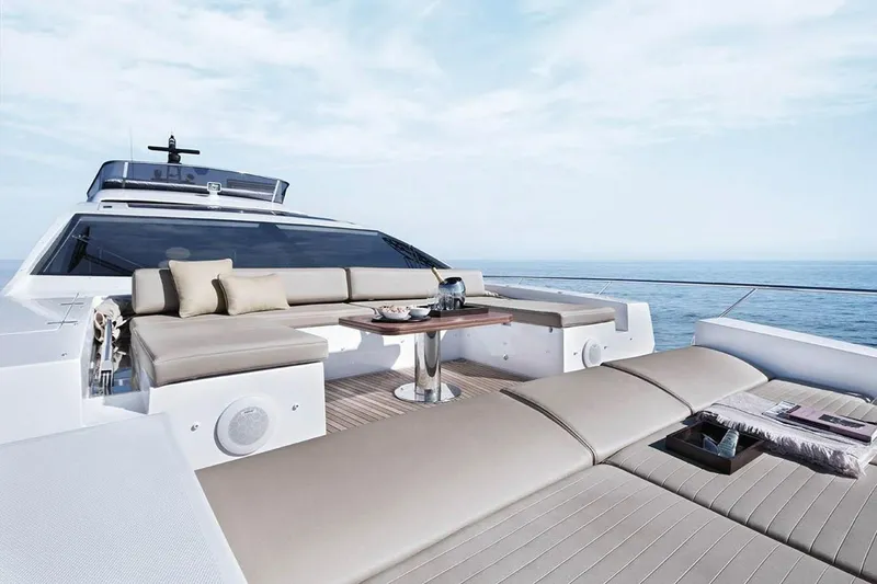 Slide: The Image of Luxurious 2019 Azimut 77S yacht with spacious outdoor seating and ocean view. - 10
