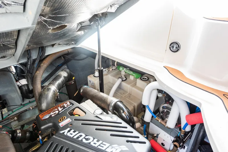 Slide: The Image of Engine compartment of 2003 Sea Ray 340 Sundancer with Mercury 8.1S Horizon engine. - 38