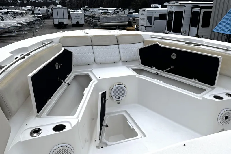Slide: The Image of Luxurious seating on 2021 Sea Fox 328 Commander boat, featuring plush, ergonomic design. - 14