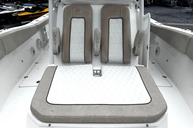 Slide: The Image of Close-up of a 2021 Sea Fox 328 Commander boat handle mechanism. - 16