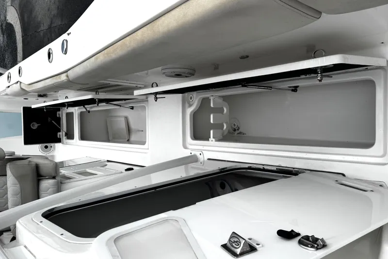 Slide: The Image of 2021 Sea Fox 328 Commander boat with Garmin radar, docked in a marina. - 18