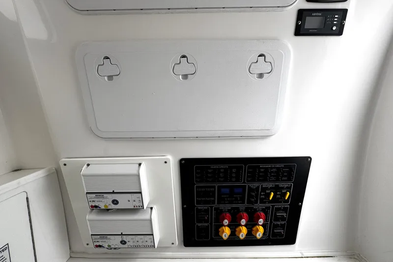 Slide: The Image of Close-up of a 2021 Sea Fox 328 Commander boat detail, featuring a circular metal component. - 27