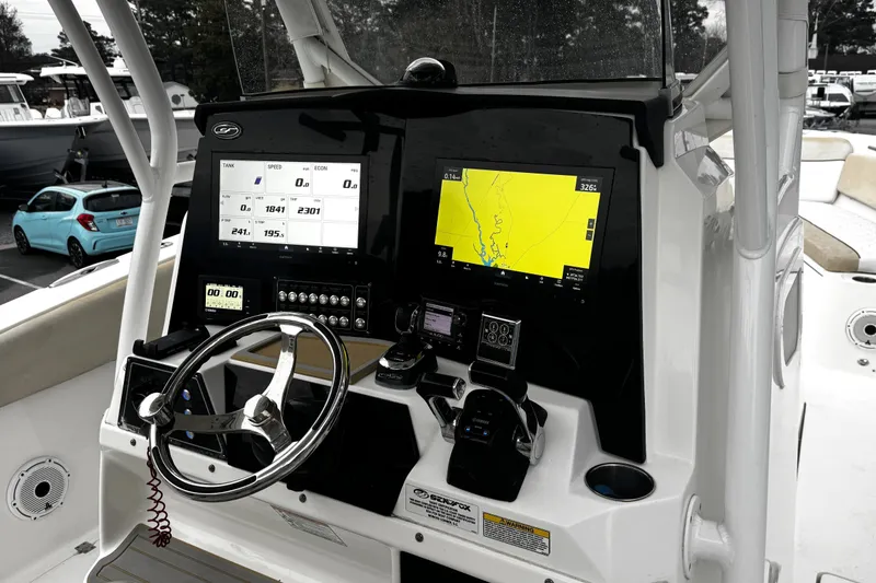 Slide: The Image of 2021 Sea Fox 328 Commander boat on trailer in parking lot. - 7