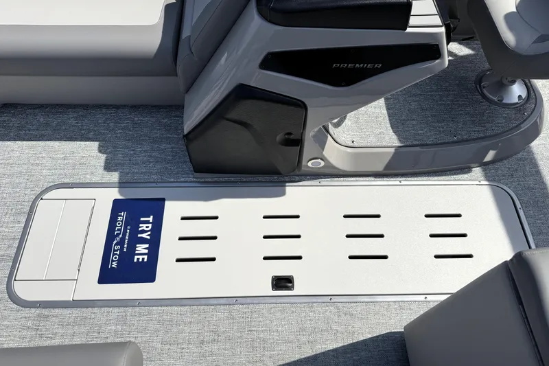 Slide: The Image of 2026 Premier 230 Sunsation Angler 2pt boat interior with "Try Me" Troll Stow feature. - 12