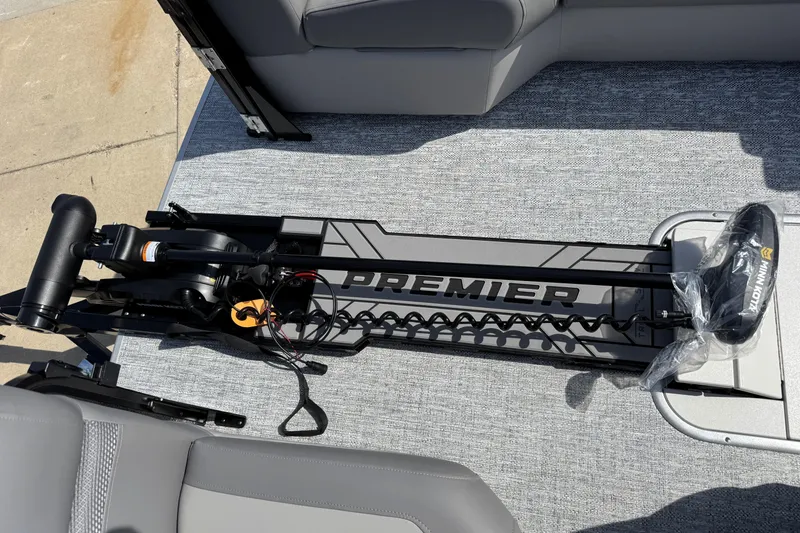 Slide: The Image of 2026 Premier 230 Sunsation Angler 2pt boat deck with Minn Kota trolling motor. - 17