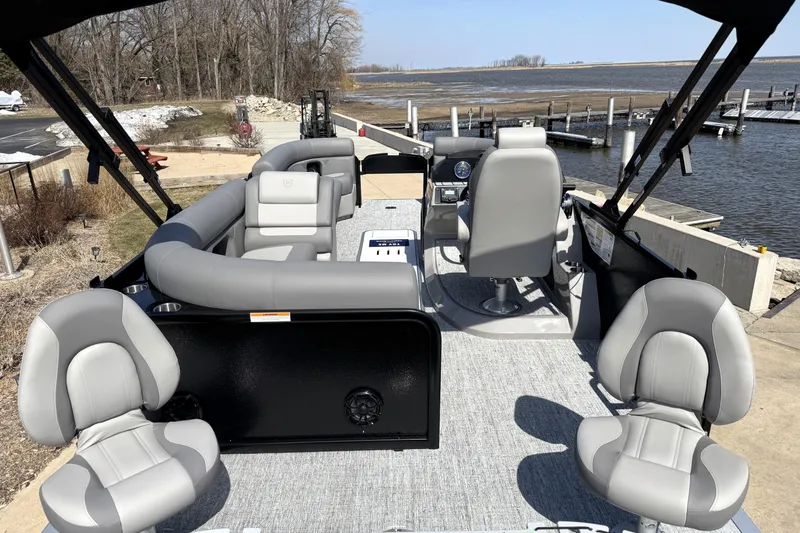 Slide: The Image of 2026 Premier 230 Sunsation Angler 2pt pontoon boat with spacious seating and modern design. - 30
