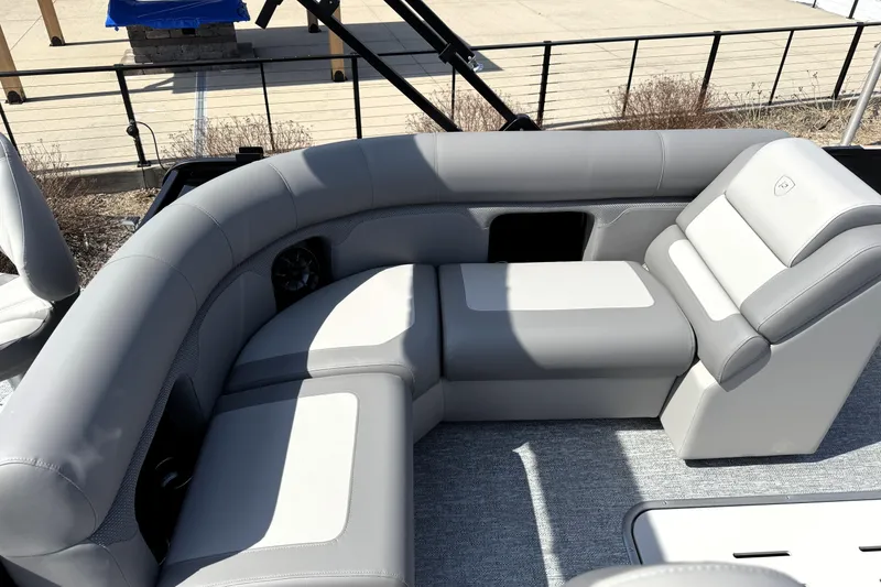 Slide: The Image of Luxurious seating on 2026 Premier 230 Sunsation Angler 2pt boat, featuring sleek gray upholstery. - 40