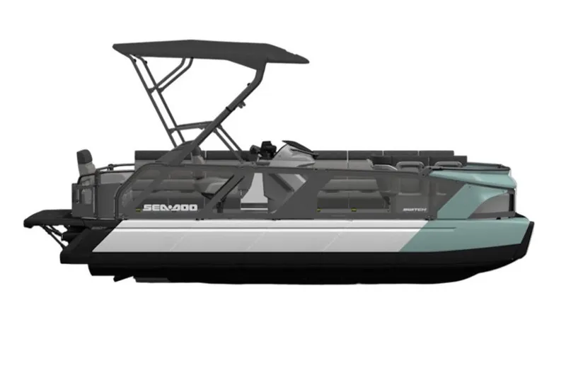 Slide: The Image of 2026 Sea-Doo Switch Cruise 21 pontoon boat with canopy, side view. - 2
