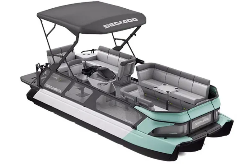 Slide: The Image of 2026 Sea-Doo Switch Cruise 21 pontoon boat with canopy and spacious seating. - 4