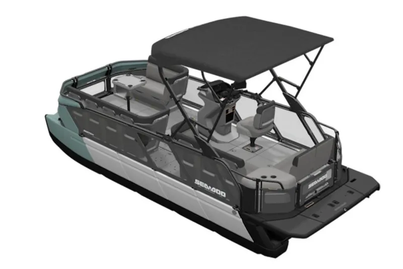 Slide: The Image of 2026 Sea-Doo Switch Cruise 21 pontoon boat with canopy and seating arrangement. - 5