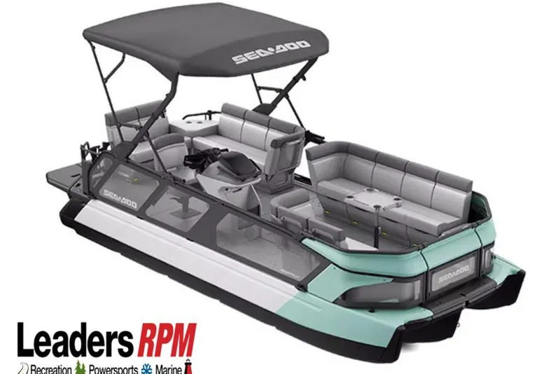 Slide: The Image of 2026 Sea-Doo Switch Cruise 18 pontoon boat with gray canopy. - 3
