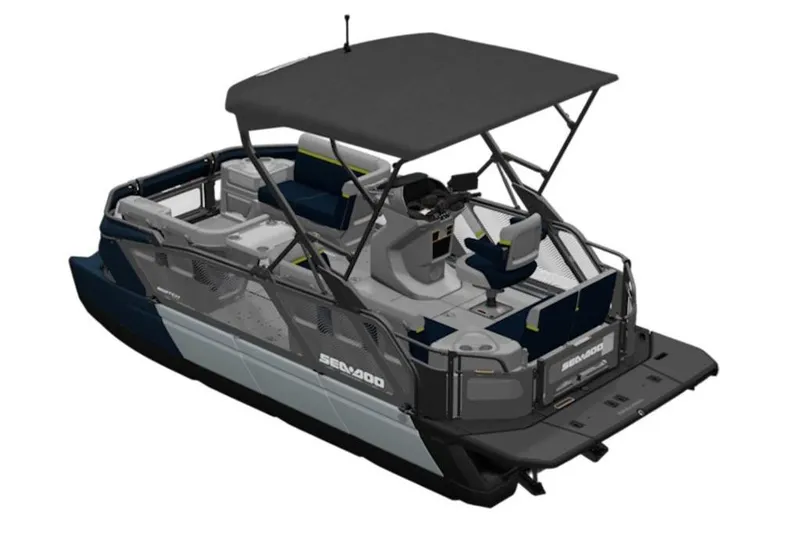 Slide: The Image of 2026 Sea-Doo Switch Cruise Limited 21 pontoon boat with canopy and modern seating. - 4