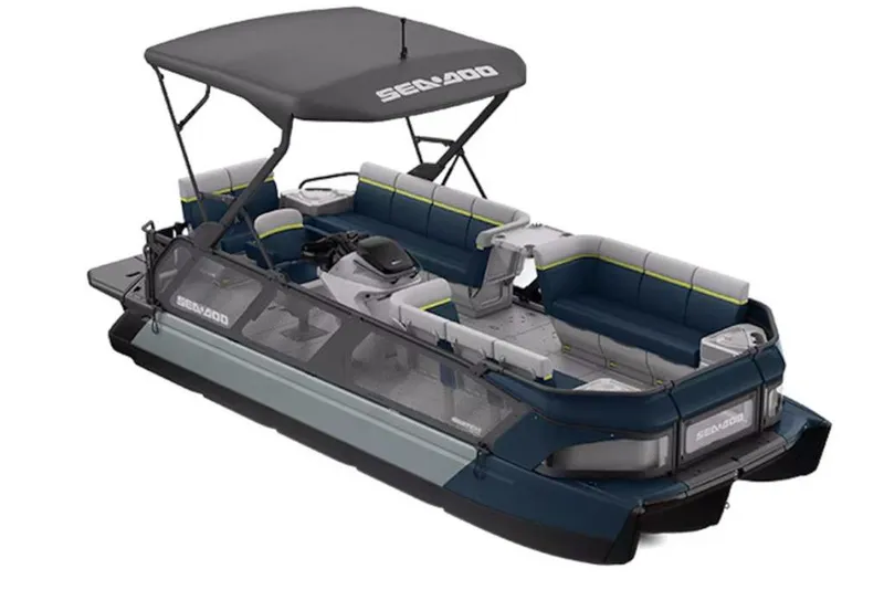 Slide: The Image of 2026 Sea-Doo Switch Cruise Limited 21 pontoon boat with canopy and spacious seating. - 5