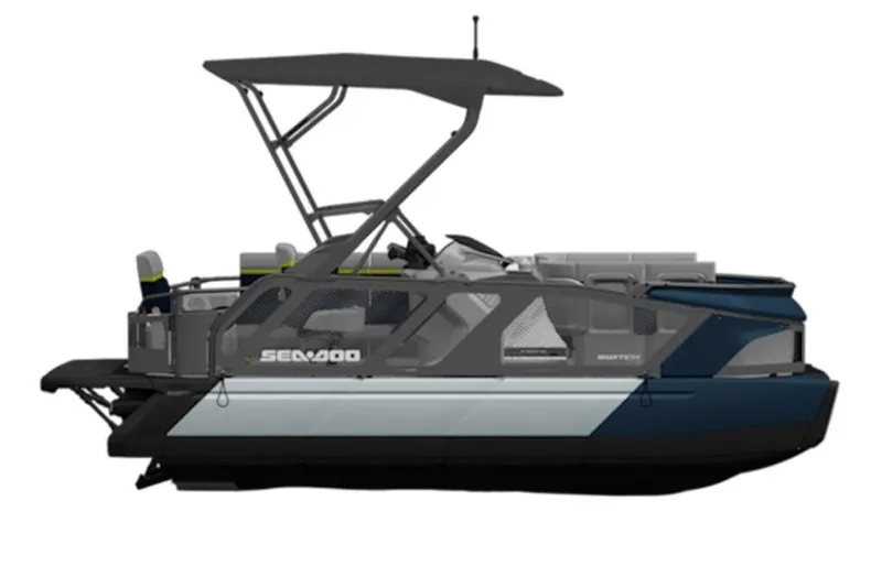 Slide: The Image of 2026 Sea-Doo Switch Cruise Limited 21 pontoon boat, side view, with canopy and seating. - 6