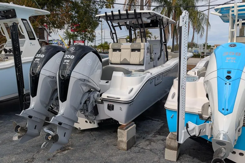 Slide: The Image of 2026 Key West 291 FS boat with dual Yamaha 350 V6 engines on display. - 3
