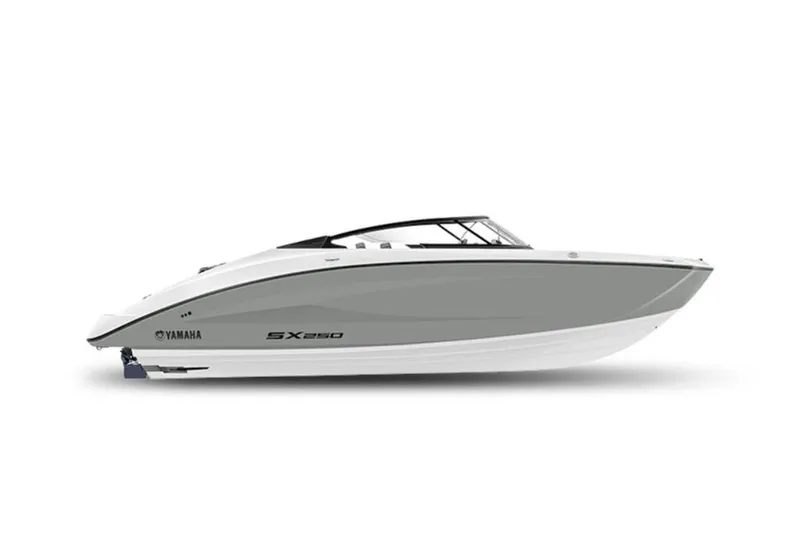 Slide: The Image of 2026 Yamaha Boats SX250, sleek design, side view, white and gray color scheme. - 6