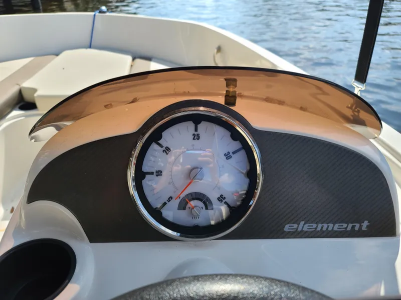 Slide: The Image of 2019 Bayliner Element E16 boat with canopy, parked in a marina under clear skies. - 12