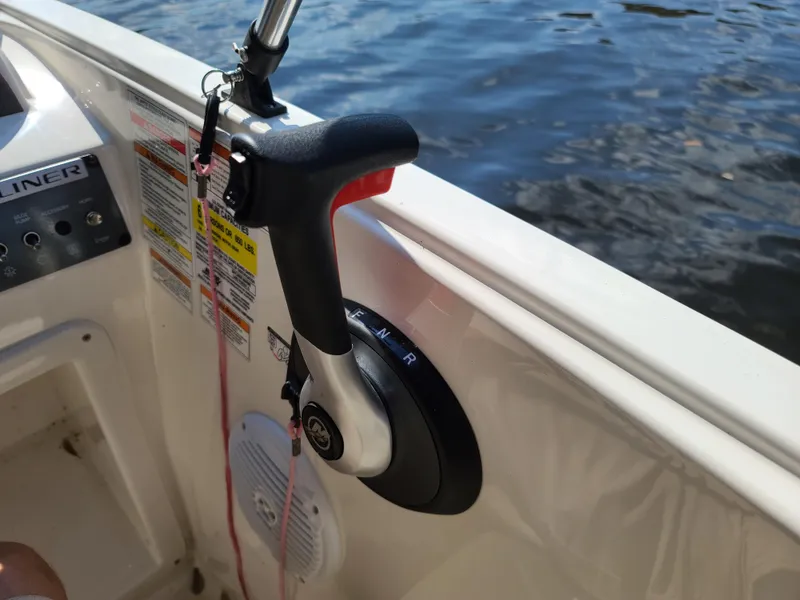 Slide: The Image of 2019 Bayliner Element E16 boat interior with canopy, parked at marina. - 14