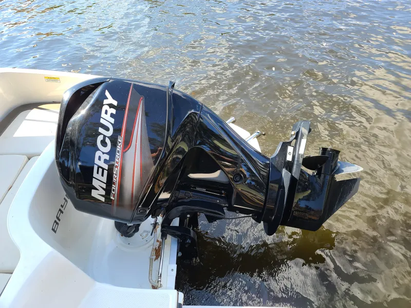 Slide: The Image of 2019 Bayliner Element E16 boat interior with seating and steering wheel under a clear sky. - 16