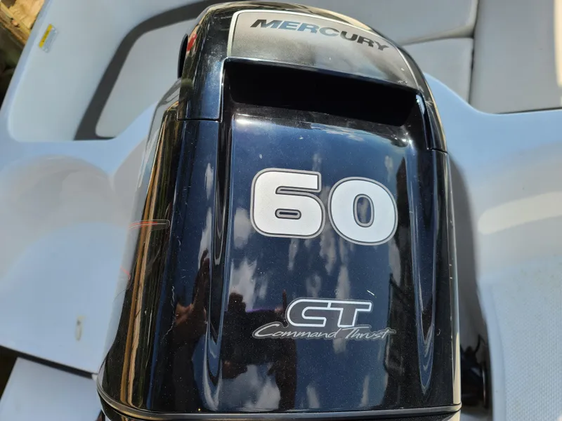 Slide: The Image of 2019 Bayliner Element E16 boat interior with canopy, parked in a marina under clear skies. - 17