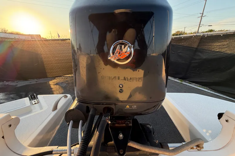 Slide: The Image of 2019 Bayliner Element E16 boat engine in sunlight, showcasing rear view and details. - 54