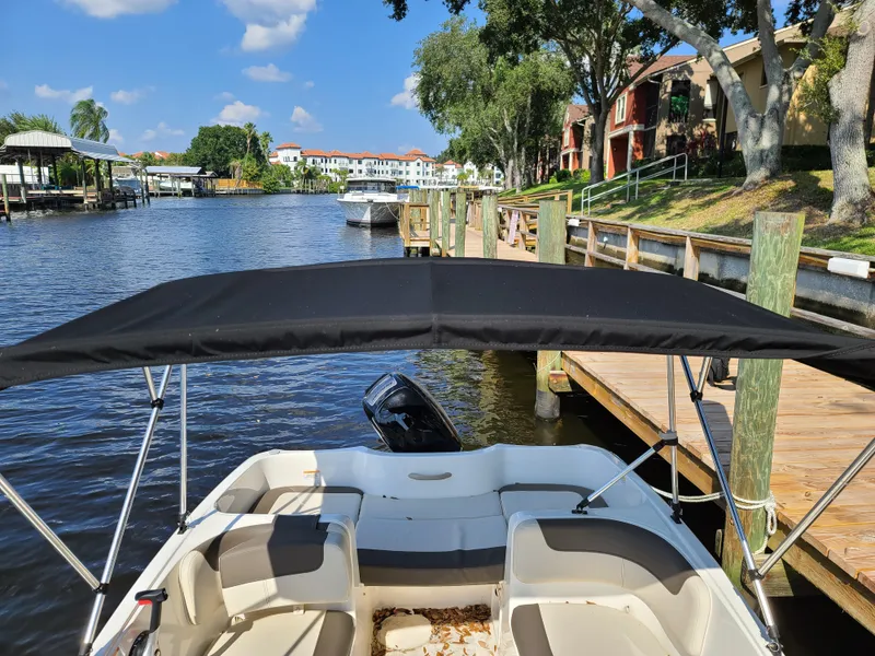 Slide: The Image of 2019 Bayliner Element E16 boat on trailer at sunset, with canopy and Mercury engine. - 7
