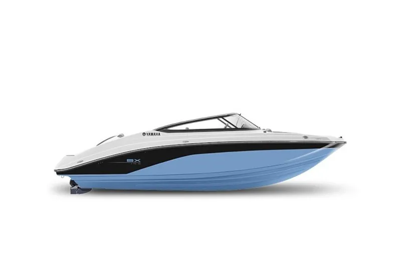 Slide: The Image of 2026 Yamaha Boats SX195, sleek design, side view, blue and white color scheme. - 4