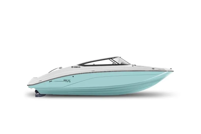Slide: The Image of 2026 Yamaha Boats SX195, sleek design, light blue hull, side view. - 6