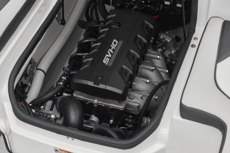 Slide: The Image of Engine compartment of 2026 Yamaha Boats SX195, featuring SVHO engine components. - 8