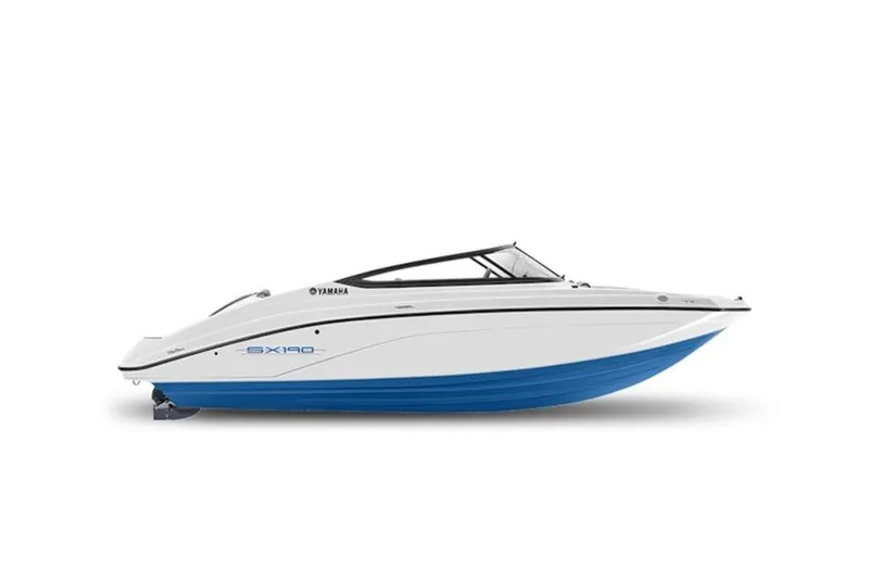 Slide: The Image of 2014 Yamaha Boats SX190, white and blue, side view. - 5