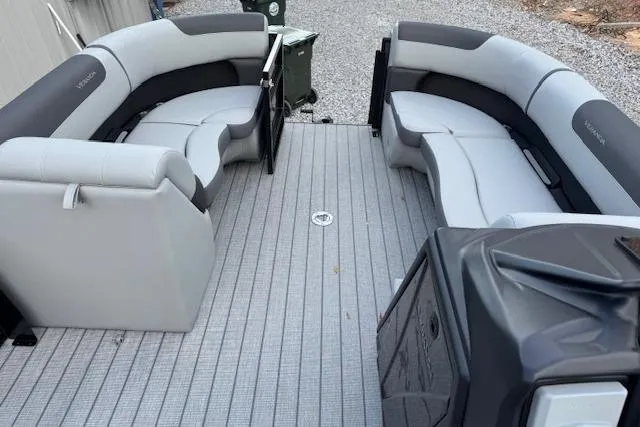 Slide: The Image of 2026 Veranda Relax VR22VLC pontoon boat interior with gray seating and flooring. - 4