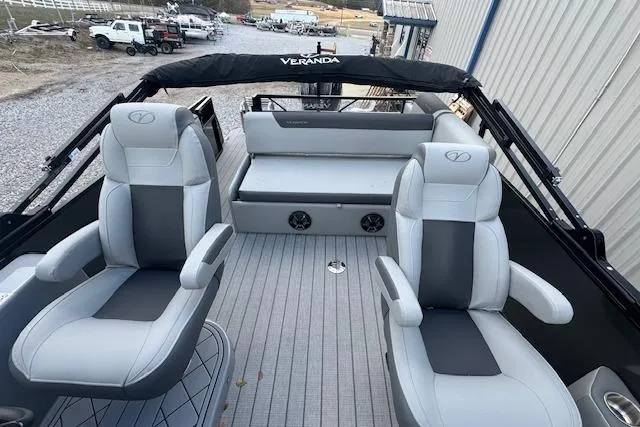 Slide: The Image of 2026 Veranda Relax VR22VLC pontoon boat interior with plush seating and modern design. - 5