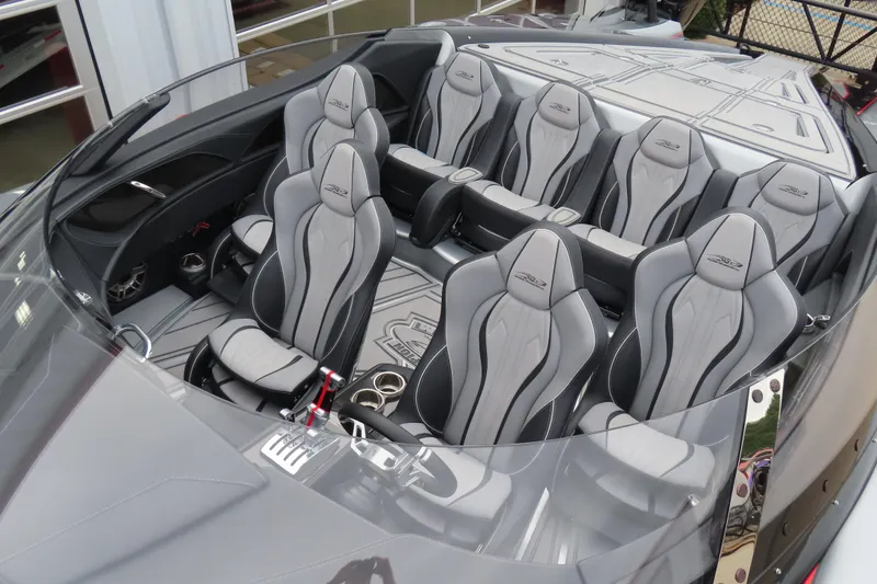 Slide: The Image of Luxurious interior of 2025 MTI 390X boat with sleek, modern seating design. - 24