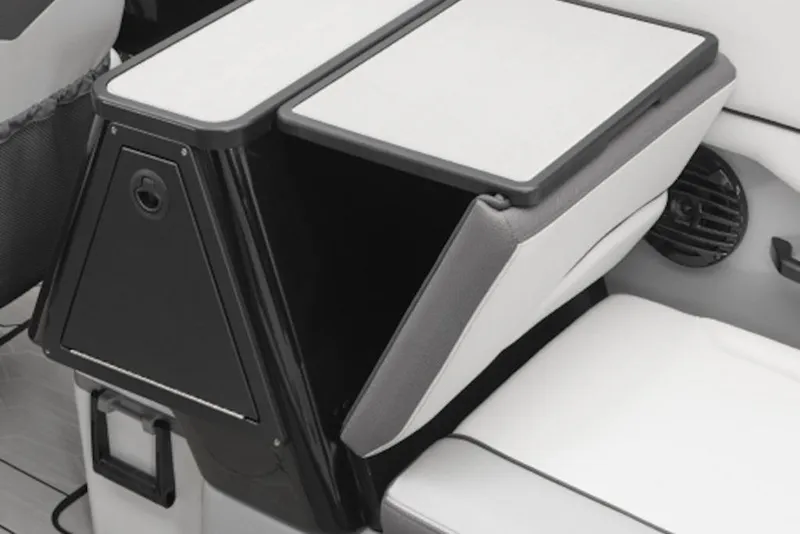 Slide: The Image of 2025 Yamaha Boats 252XE interior storage compartment with sleek design and modern features. - 2