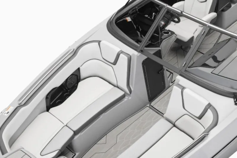 Slide: The Image of 2025 Yamaha Boats 252XE interior, featuring sleek white seating and modern design elements. - 7
